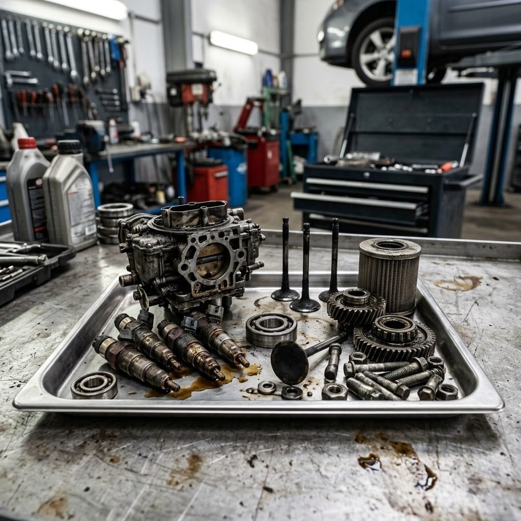 Dijelovi motora i rasplinjač u autoservisu pripremljeni za ultrazvučno čišćenje