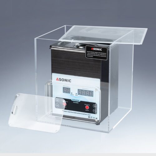 Open silent box showing a 2L ASONIC ultrasonic cleaner inside, designed to reduce noise during operation.